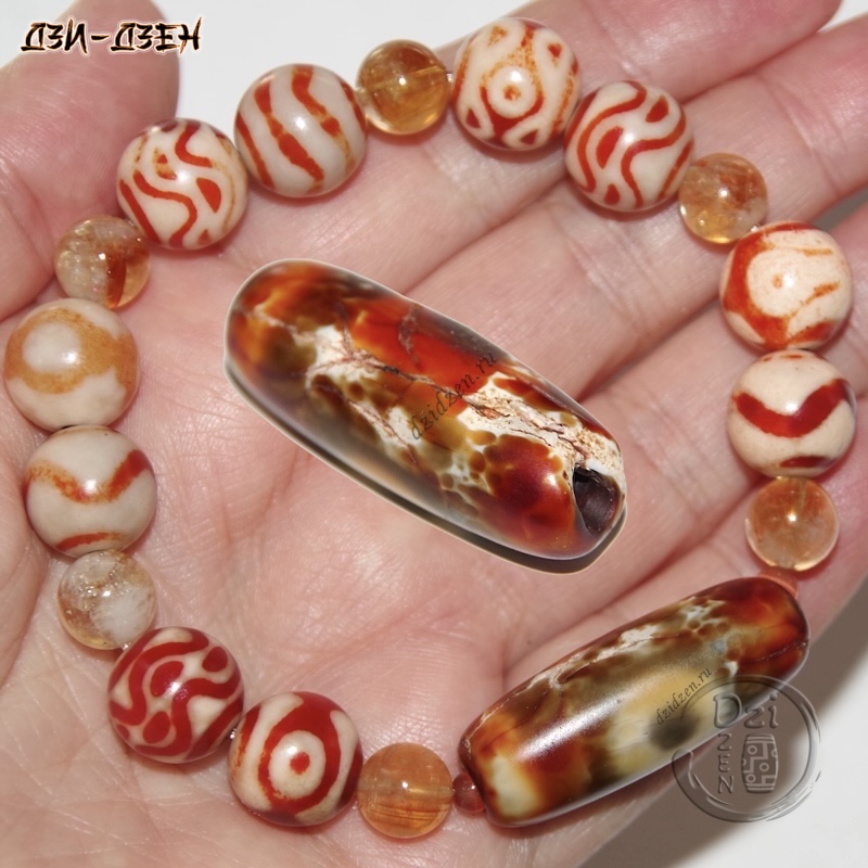 Бусина дзи Земля и Небо в браслете из дзи и цитрина